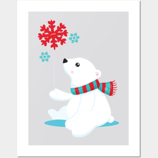 Polar Bear, Bear With Scarf, Cute Bear, Snowflakes Posters and Art